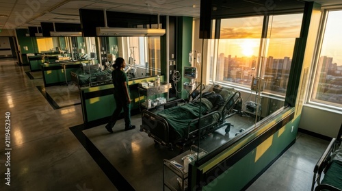 Modern Intensive Care Unit Bedside View During Sunset In Hospital