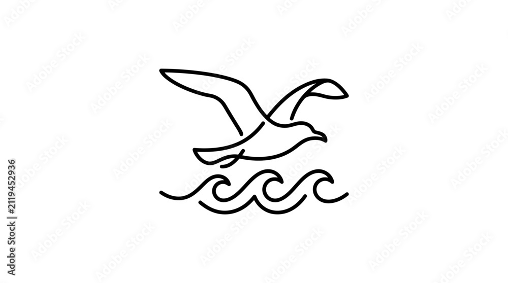 Fototapeta premium Minimalist line art seagull flying over waves