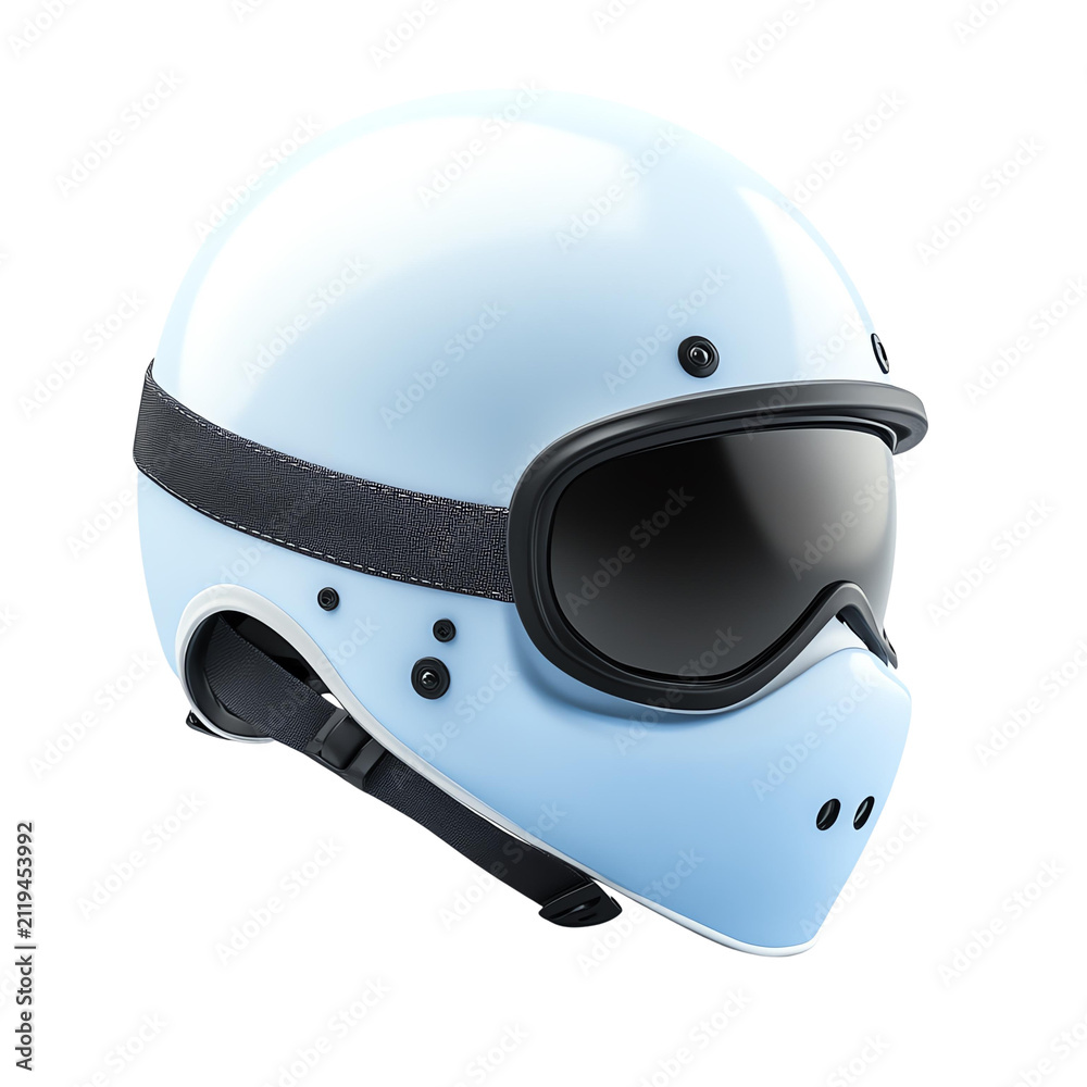 Fototapeta premium A stylish blue motorcycle helmet with goggles, perfect for riders and safety enthusiasts.