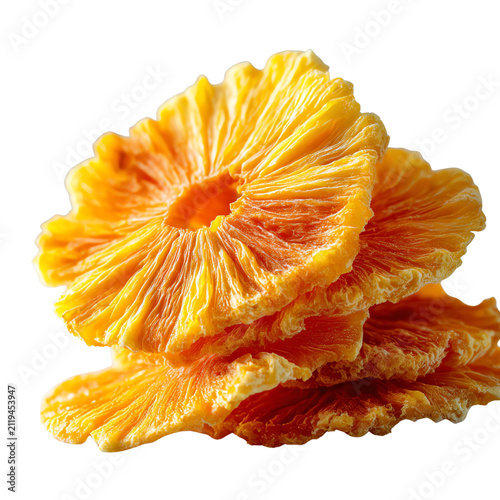 A stack of vibrant, dehydrated orange slices showcasing their intricate texture and bright color.
