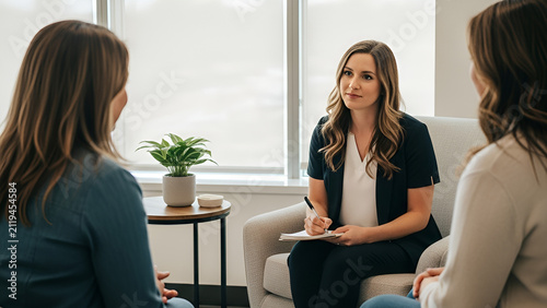 Therapist Meeting with Female Clients in Modern Office
