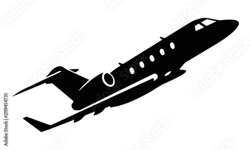 Solid black silhouette of a sleek private business jet in a climbing maneuver, minimalist flat design isolated on a pure white background, Luxury travel concept