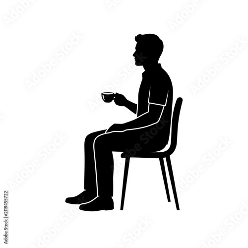 Man Sitting Straight on Chair Holding Cup Silhouette, Resting Male Side View Vector Icon