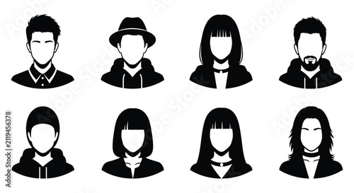 Konstfotografi Collection of eight black silhouette profile icons depicting diverse people