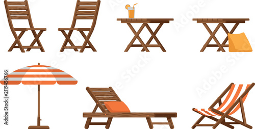 Wooden beach furniture collection vector illustration featuring folding chairs tables sun umbrella and lounge deckchair isolated on white background for summer vacation design