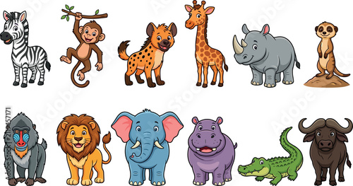 Canvas Print Large collection of cute cartoon African safari animals vector illustration set