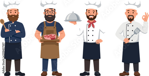 Canvastavla Professional male chef cartoon character set holding cooking spoon meat tray sil