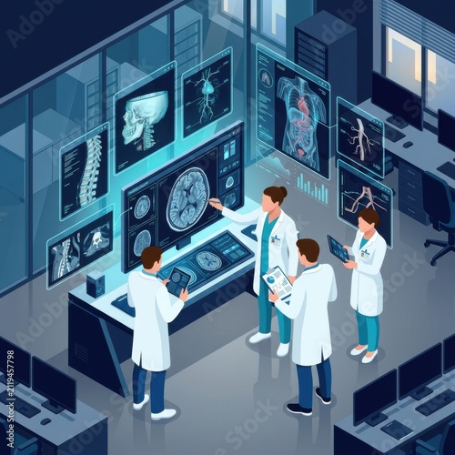 Medical Science Team Analyzing Futuristic Digital Scan Data In Modern Lab Setting