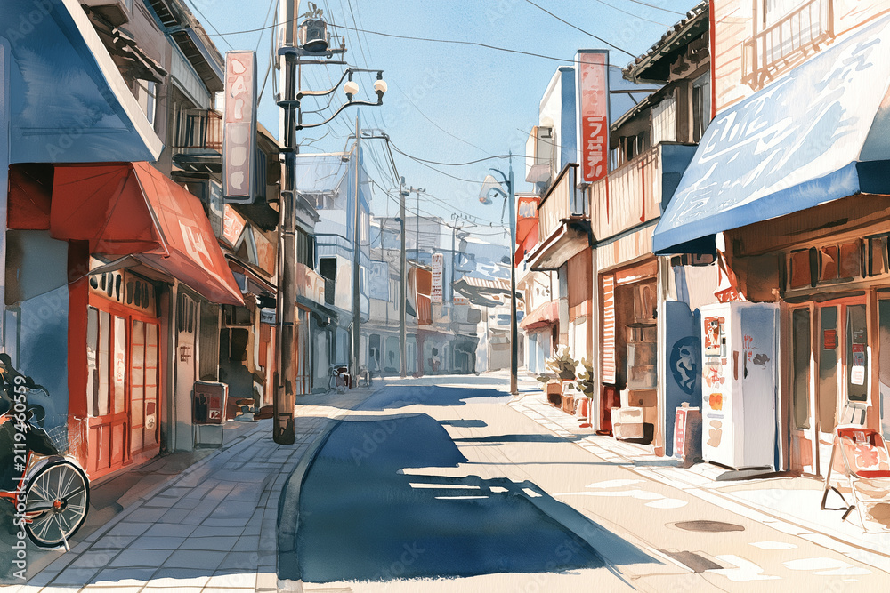 Fototapeta premium 個人商店が立ち並ぶ日本の路地裏を描いた水彩画