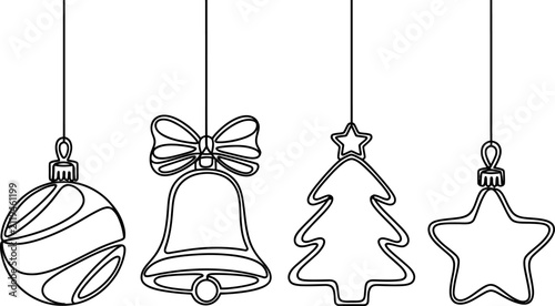 Set of four hanging christmas ornaments in a simple black line art style