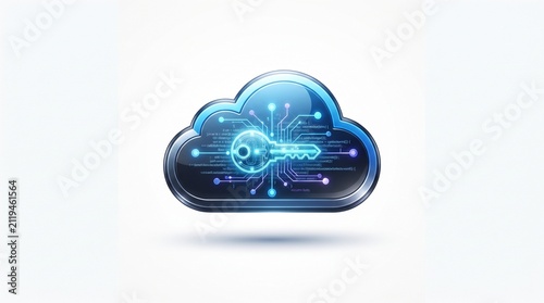 Cloud security icon with digital key. Cyber protection and data encryption technology symbol.