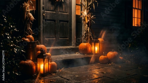 A spooky Halloween porch decoration with glowing pumpkins and lanterns creates an eerie atmosphere for trick-or-treaters on a dark, foggy night.