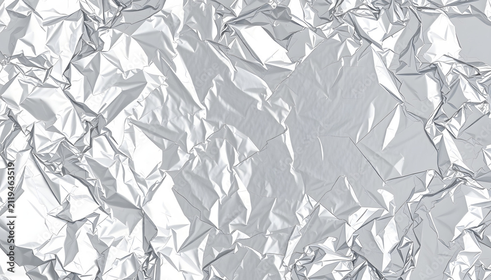 Fototapeta premium Crumpled silver foil as background, top view, enhance. White tone