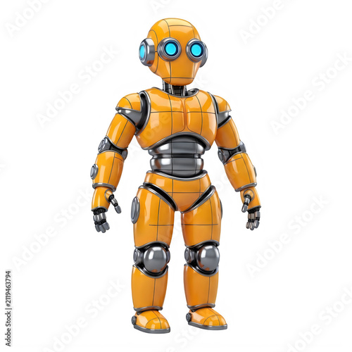A stylized robot character standing in an upright position with orange and grey tones