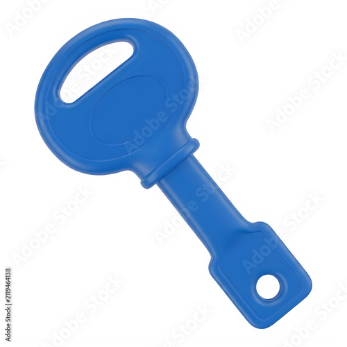 A stylized blue key with a rounded bow and smooth metallic finish