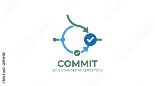 Quadro su tela Commit icon vector illustration featuring a circular workflow diagram with checkmarks, arrows, and text COMMIT SAVE CHANGES TO REPOSITORY
