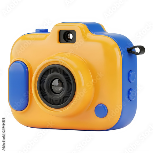 Vintage-style instant camera with bright orange and blue accents