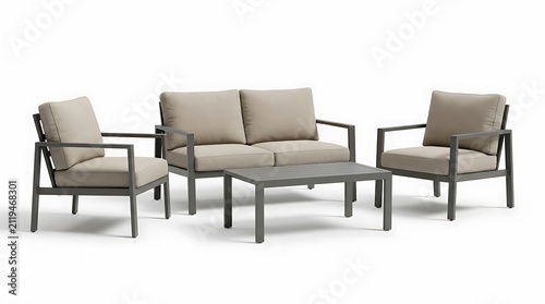 A modern outdoor lounge set featuring a rust-proof terrace furniture collection with metal frames and neutral beige cushions on a clean white background