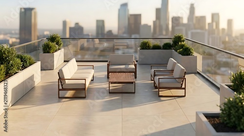 Modern luxury penthouse balcony featuring durable rust-proof terrace furniture set overlooking a sunset city skyline with minimalist architectural design