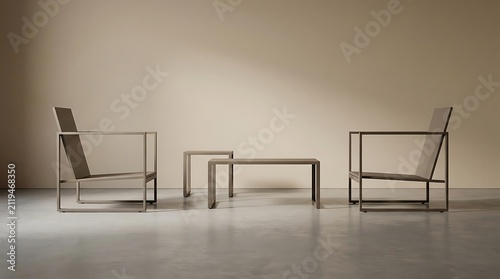Minimalist rust-proof terrace furniture set with modern metal armchairs and a matching low coffee table arranged in an elegant outdoor patio setting
