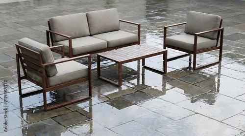 A modern outdoor lounge set featuring rust-proof terrace furniture arranged on a wet stone patio after rain, showcasing durable design for garden living.