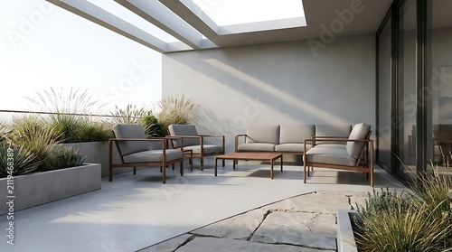 Minimalist modern outdoor lounge set featuring durable rust-proof terrace furniture on a sunlit balcony with concrete planters and natural landscaping