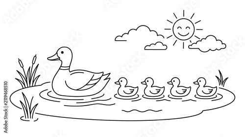 Konstfotografi Duck family swimming in pond coloring page