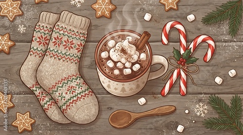Cozy Winter Warmth: A delightful spread of holiday treats including warm hot chocolate, festive socks, gingerbread cookies, and candy canes on a rustic wooden surface evokes the cozy spirit of winter.