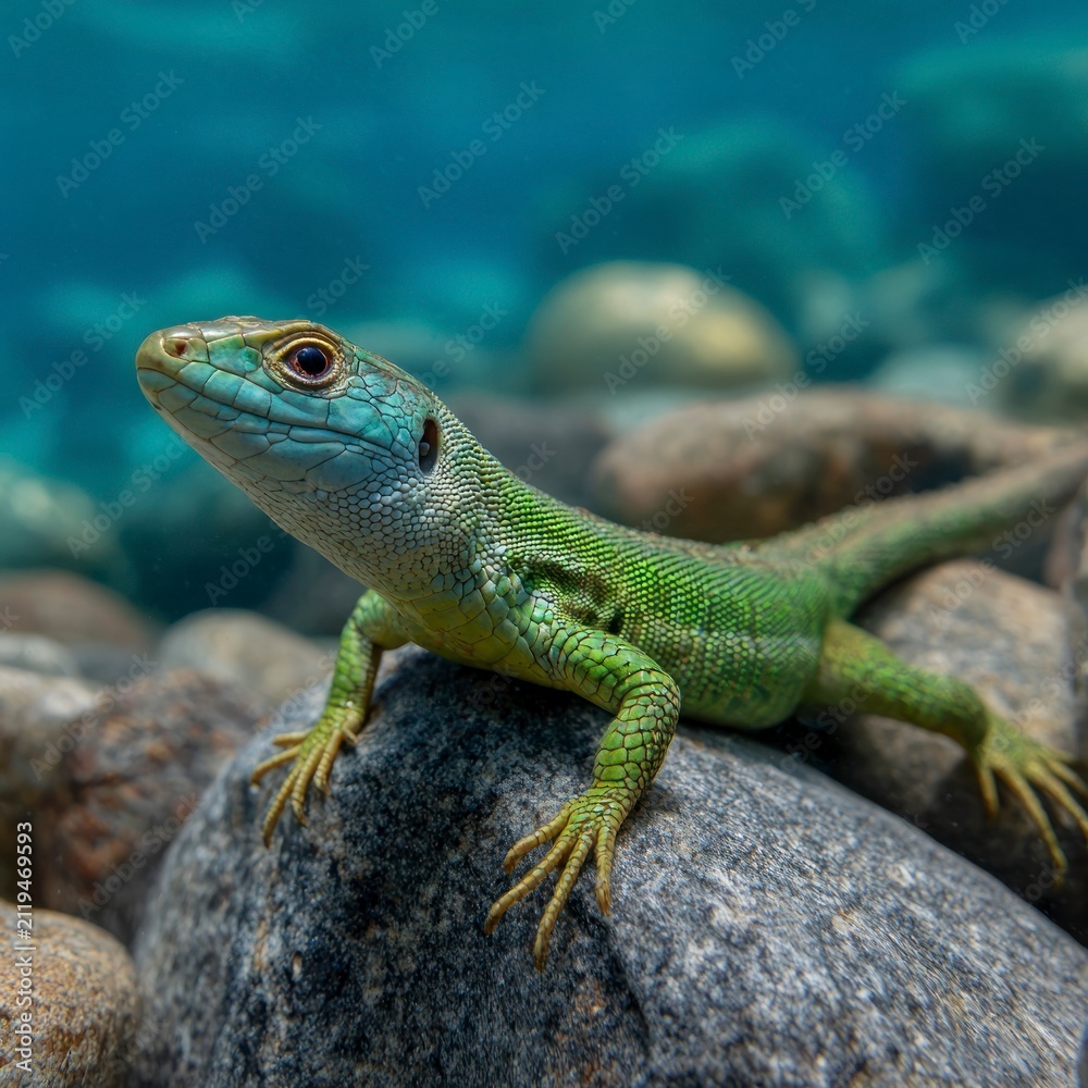 Fototapeta premium A close-up side profile of a vibrant green lizard perched on a smooth river stone, set against a blurred, deep teal aquatic background.