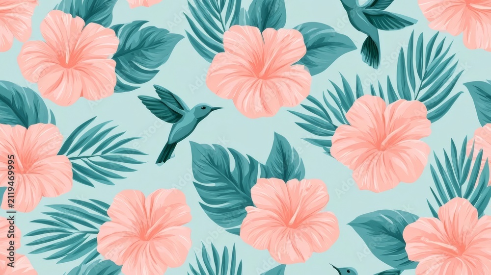 Fototapeta premium Seamless tropical pattern with pink hibiscus flowers and hummingbirds exotic floral wallpaper featuring pink hibiscus and tropical birds pattern.