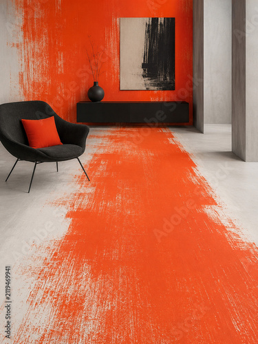 Modern minimalist interior featuring bold abstract orange floor design