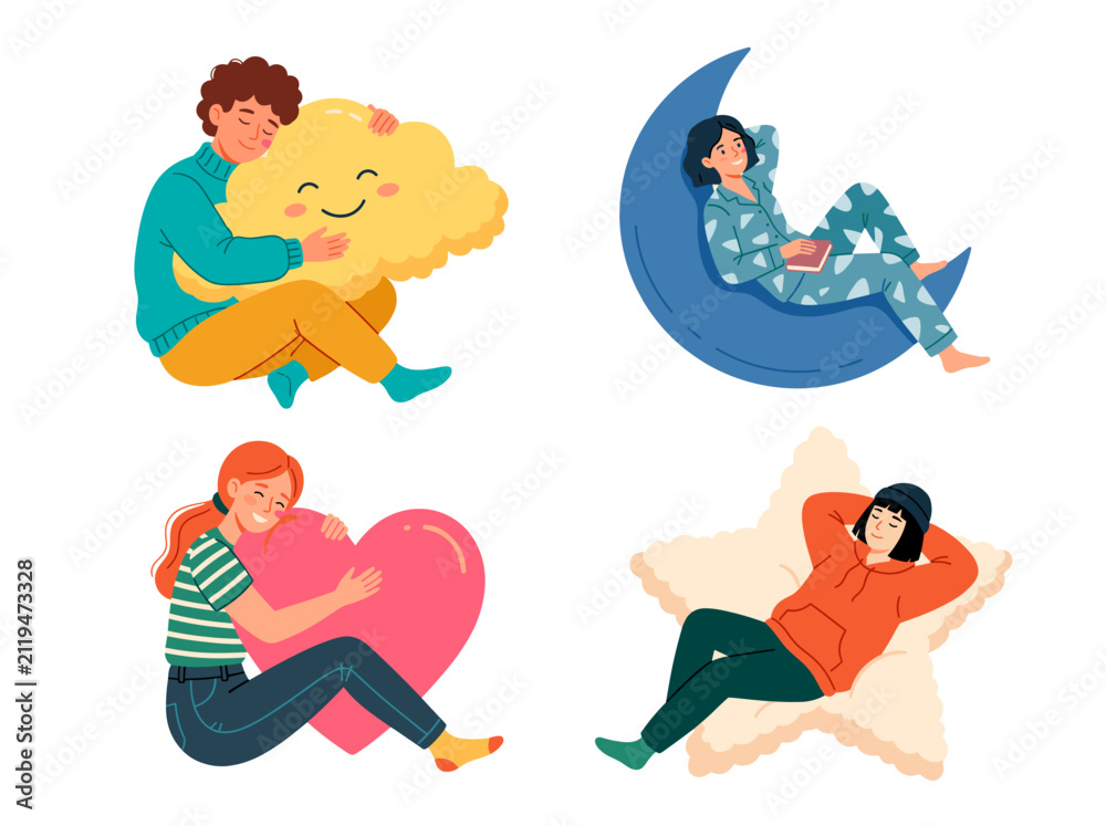 Obraz premium vector Diverse individuals finding comfort and peace through self care and emotional support symbols like hearts and clouds on transparent background