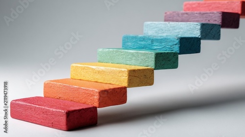 Colorful Wooden Blocks Forming Upward Staircase as Symbol of Progress Growth and Business Success