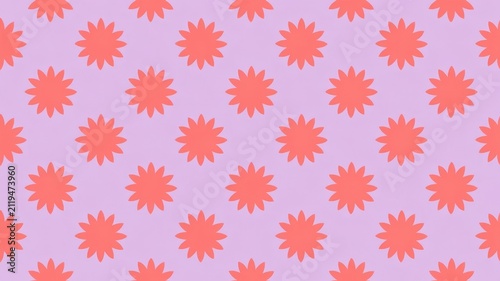 Seamless geometric floral pattern with red petal flowers on soft pastel purple background for decorative wallpaper texture design.