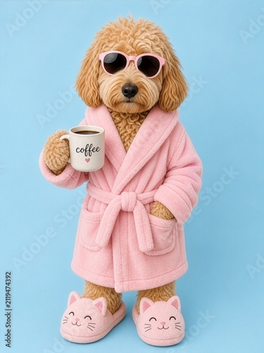 Golden doodle wearing a pink robe and kitty slippers