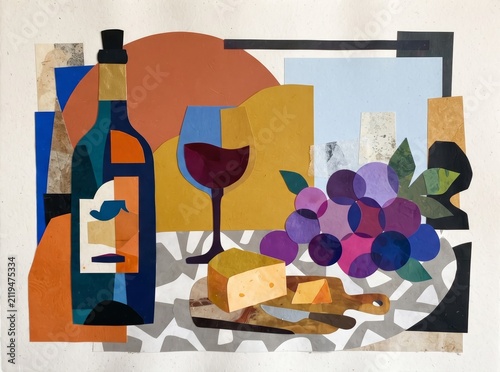 Abstract paper collage illustration featuring red wine bottle and grapes on a table, abstract