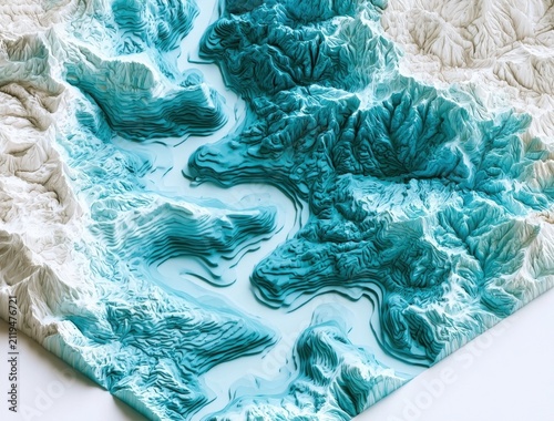 Topographic model of mountain ranges and river valleys in teal and white tones