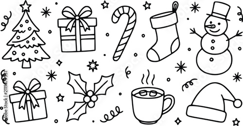 Set of cute hand drawn christmas doodles including tree gift candy cane stocking snowman holly and hot cocoa cup for winter holiday decoration