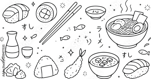Foto Hand drawn doodle set of traditional japanese food including sushi ramen soup ch