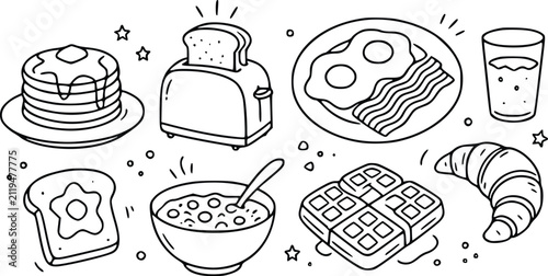 Hand drawn breakfast food collection including pancakes toaster eggs bacon milk toast cereal waffles and a croissant for morning meal menu design