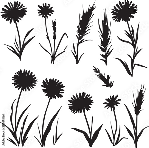 Black wildflower silhouettes, botanical meadow floral vector set, rustic grass and weed outlines, minimalist garden plant clip art for wedding stationery