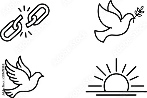 Foto Freedom and Peace Vector Icon Set Featuring Broken Chain Link Flying Dove with O