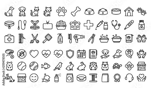 Professional Pet Care and Veterinary Outline Icon Pack with Dog Paw Grooming Health and Animal Business Symbols