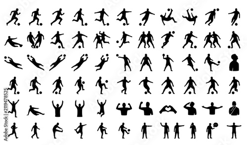 Bild auf Leinwand Professional Football Player Silhouette Icon Pack with Soccer Action Poses and B