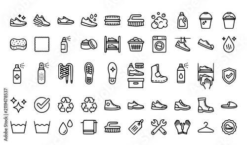 Clean Sneaker Line Icons Set with Shoe Washing Brush Laundry and Footwear Care Outline Symbols