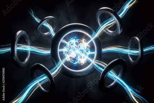 Glowing energy core emitting liquid light streams through metallic rings. Flat black background for advanced quantum computing and network themes.