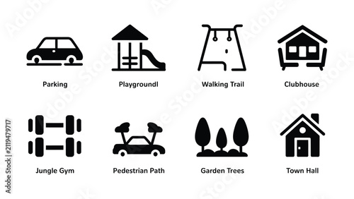 Community amenities icons including parking playground walking trail clubhouse jungle gym pedestrian path garden trees town hall for urban planning