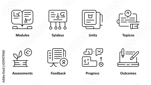 Fotografie Education icons set featuring modules sylabus units topics assessments feedback