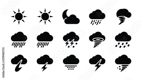 Weather icons set including sun moon clouds rain thunderstorm tornado lightning wind hail and snowfall symbols for diverse weather conditions