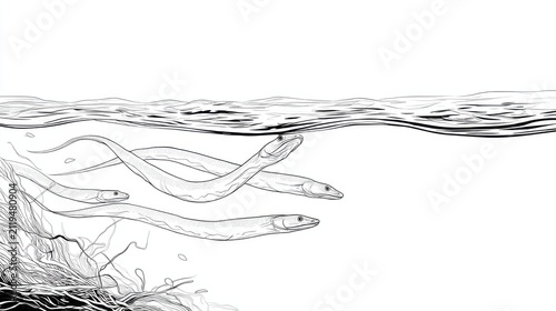 Abstract Illustration of Eels Swimming in a Minimalistic Style
